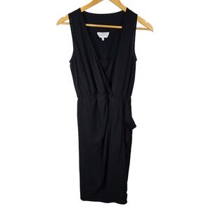 Adam Lippes Black 100% Silk Sleeveless V Neck Wrap‎ Ruched Midi Dress Size 2